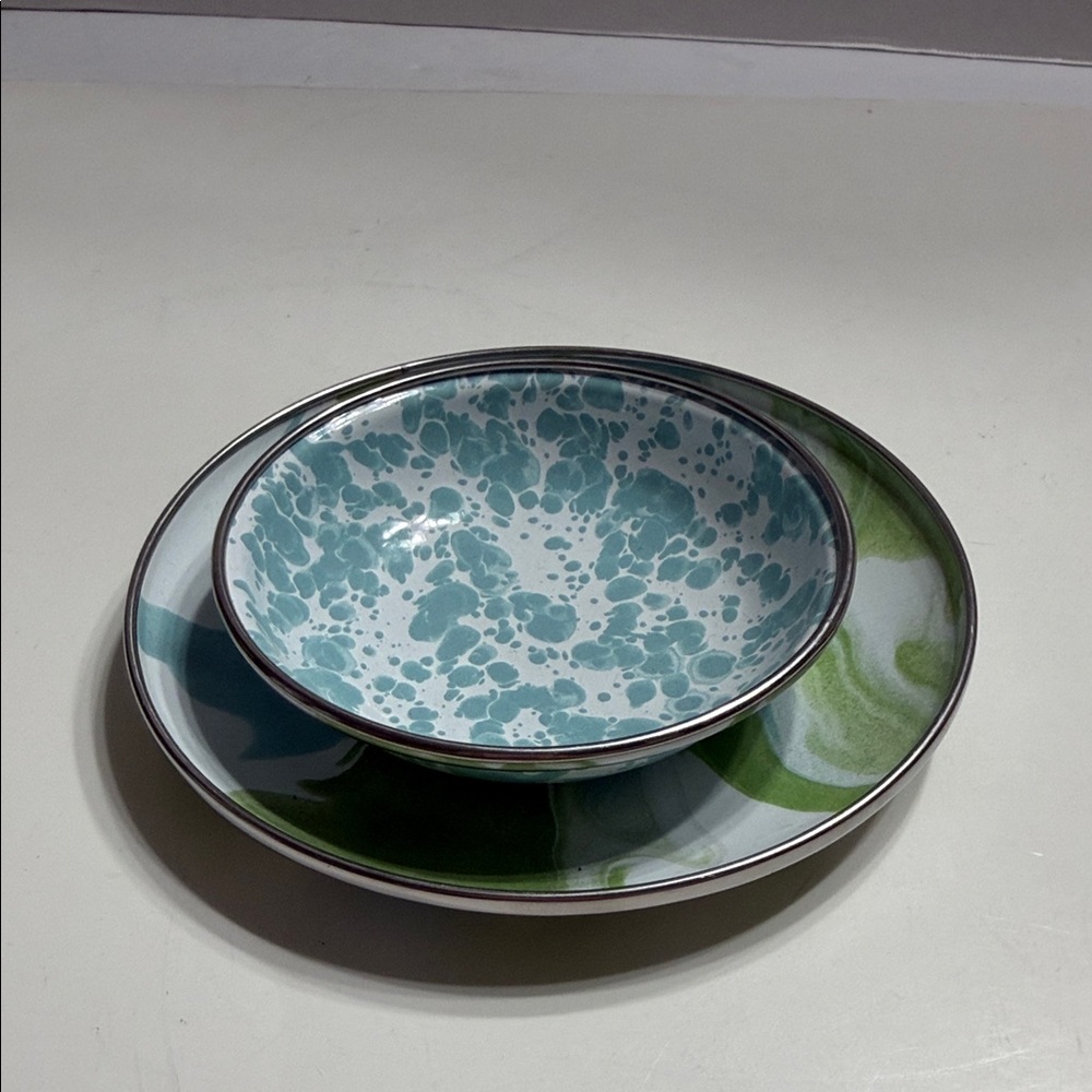 Golden Rabbit Aqua Marble Bowl and Small Plate Set